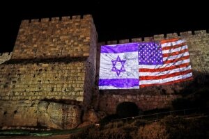 Иерусалим столица, государство Израиль, подсветка, флаг сша, флаг израиля, старый город, ближний восток,бли
