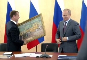 Владимир Путин, Дмитрий Медведев, подарок, видео, картина, в цеху