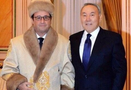 Олланд на встрече с Назарбаевым предстал перед публикой в казахской шапке и шубе